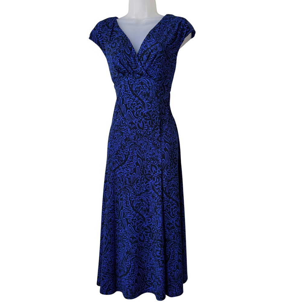Gothic Romance Blue Black Paisley V-Neck Cap Sleeve Midi Dress Size 10